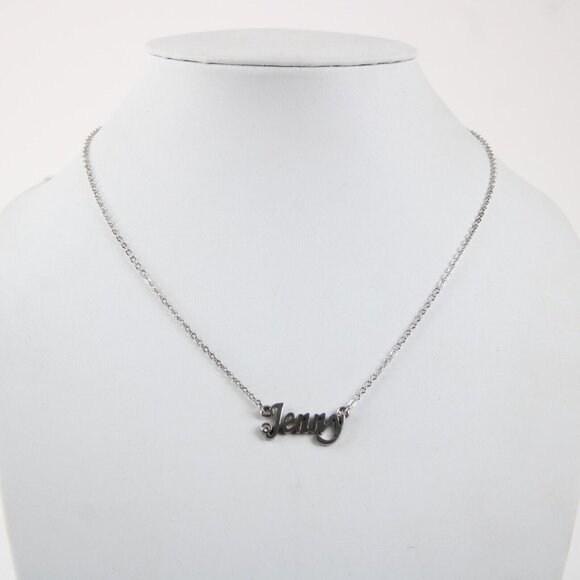 JENNY Name Silvertone Rhinestone 14.5" w 4.5" Multi Ring Ext Necklace - Picture 2 of 6